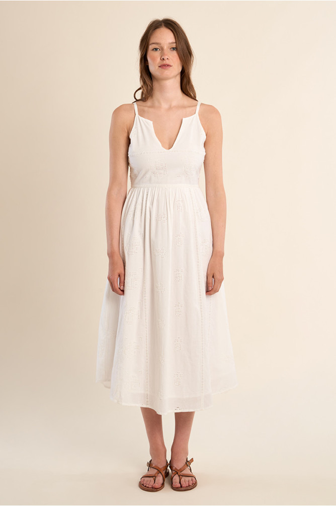 Robe mi-longue en coton, broderies ajourées
