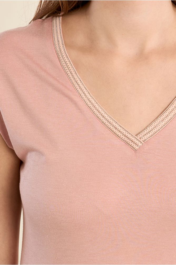 T-shirt à col V, orné de strass