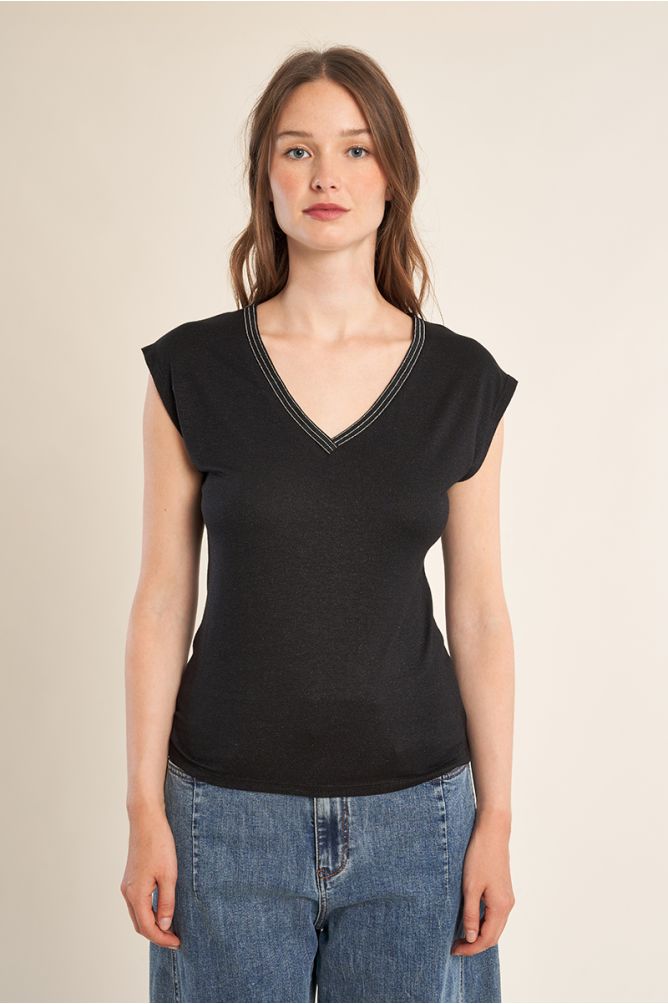 T-shirt à col V, orné de strass