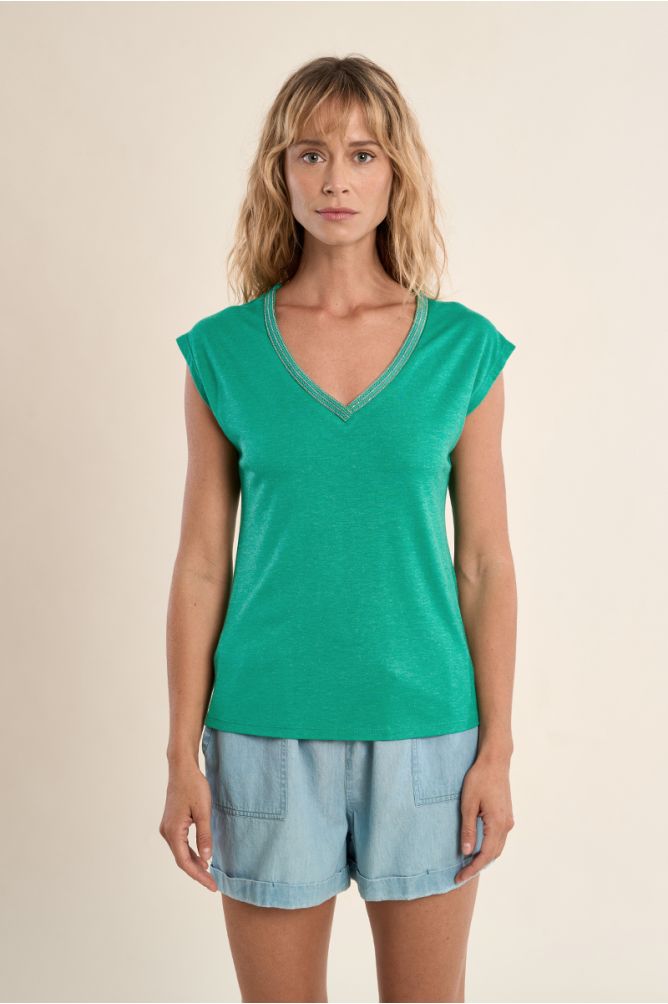 T-shirt à col V, orné de strass