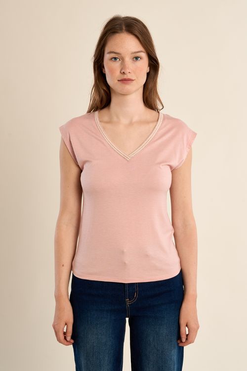 T-shirt à col V, orné de strass