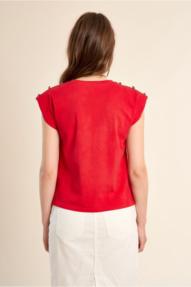 Camiseta de mujer de manga corta, detalle botones.