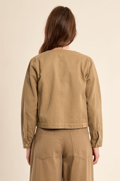 Brown denim jacket, round neck