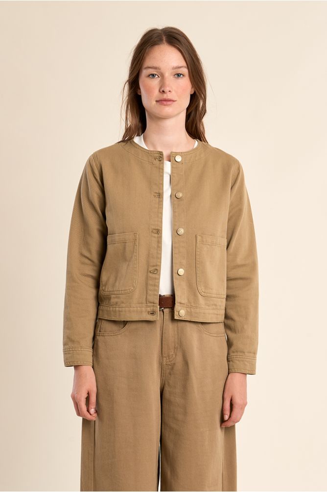 Brown denim jacket, round neck