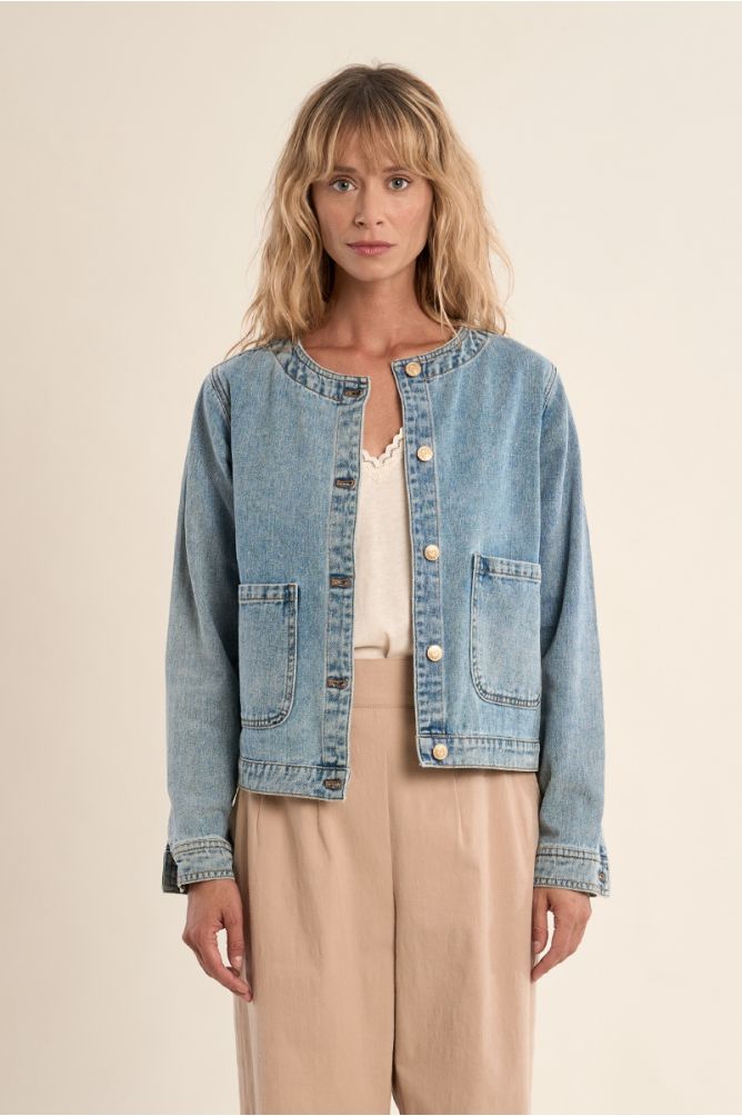 Denim jacket, round neck