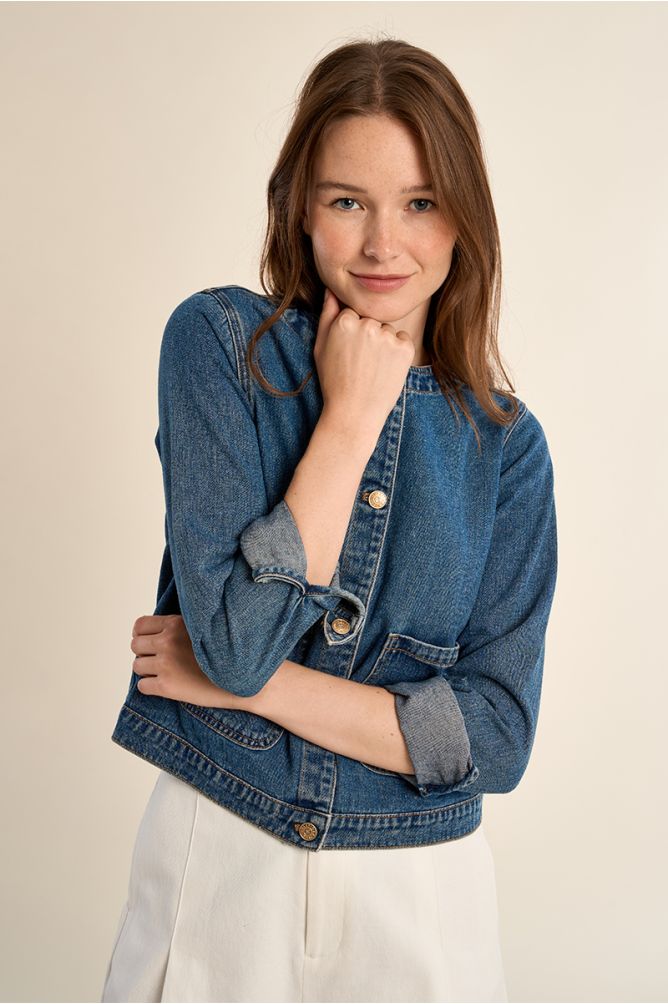 Veste en denim, col rond