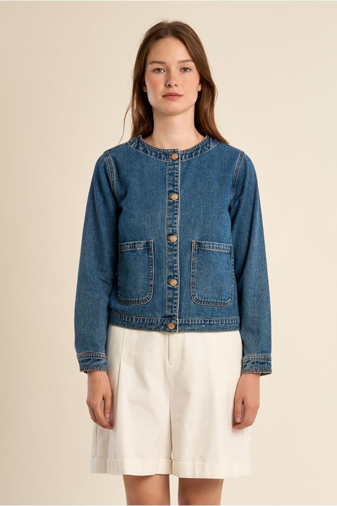 Veste en denim, col rond