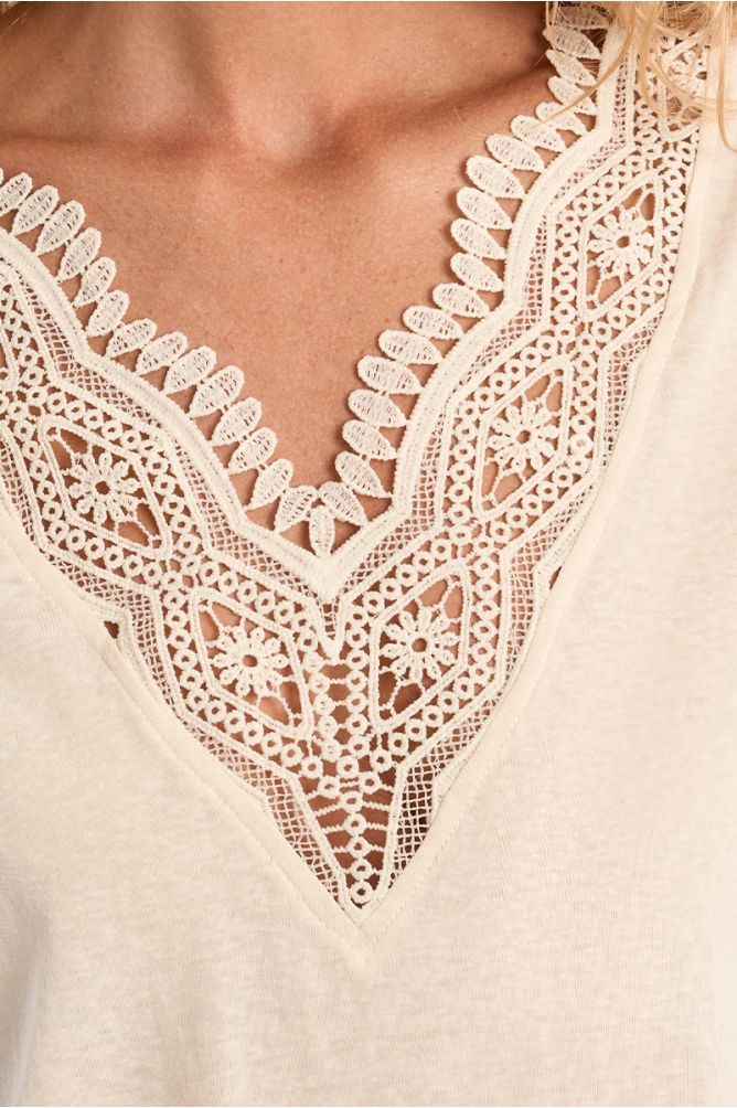 Camiseta de mujer de manga corta, detalle de encaje.