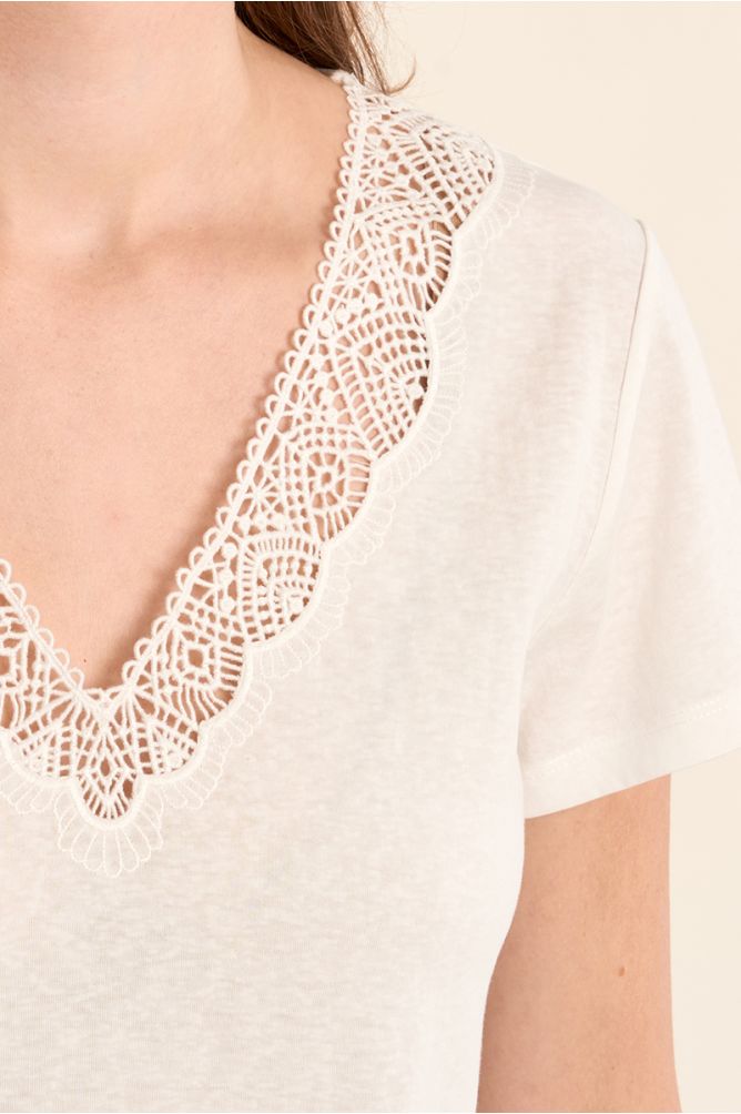 Camiseta de mujer de manga corta, detalle de encaje.