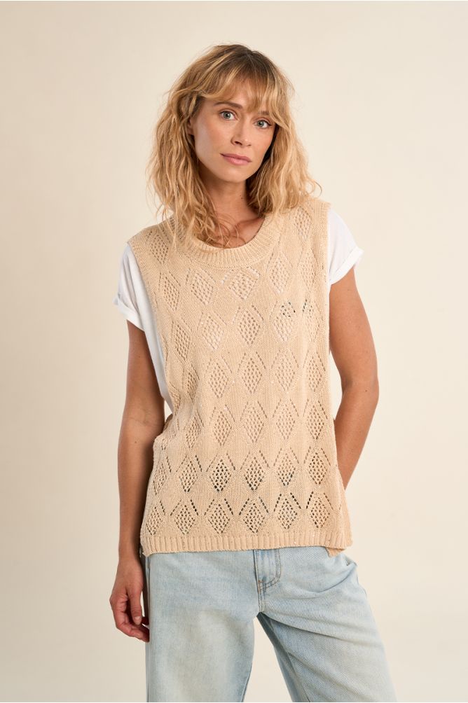 Sleeveless knit, openwork and knotted on the sides