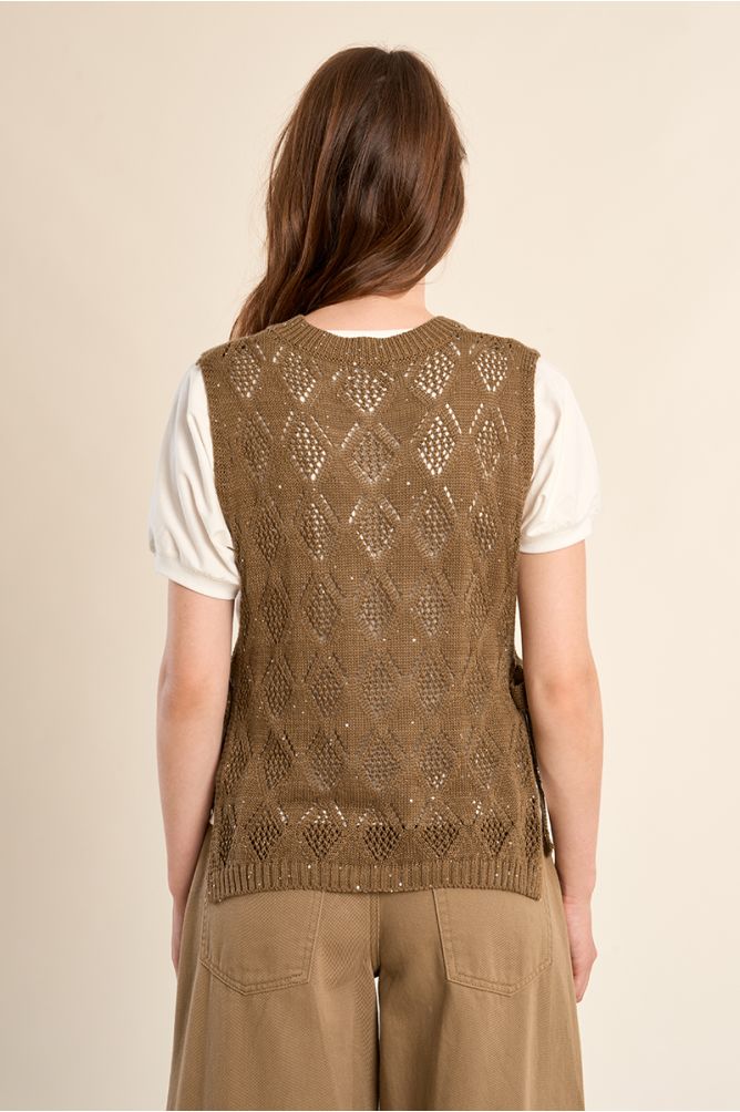 Sleeveless knit, openwork and knotted on the sides