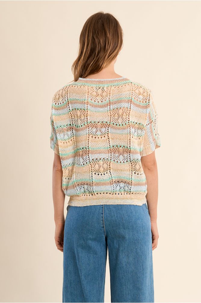 Maille ajourée manches courtes, rayée multicolore