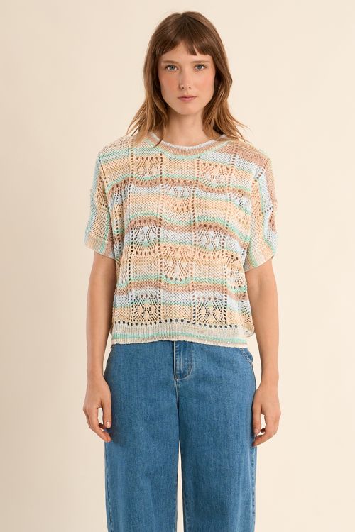 Maille ajourée manches courtes, rayée multicolore