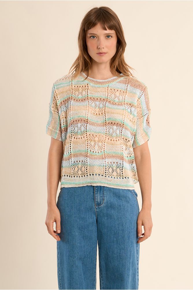 Jersey de mujer de manga corta, estampado rayas.