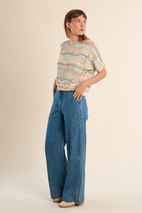 Openwork knit with short sleeves, multicoloured stripes