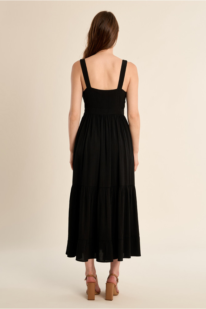 Vestido largo, de tirantes, detalle volantes.