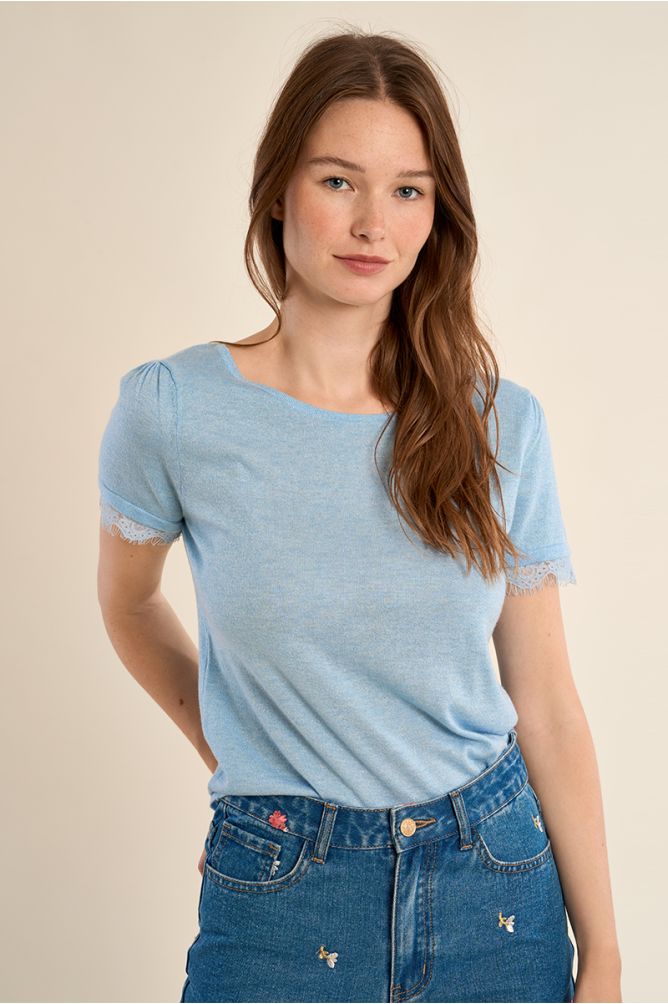 T-shirt en jersey, manches en dentelle