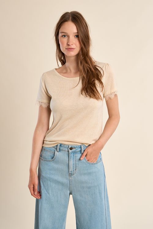 T-shirt en jersey, manches en dentelle