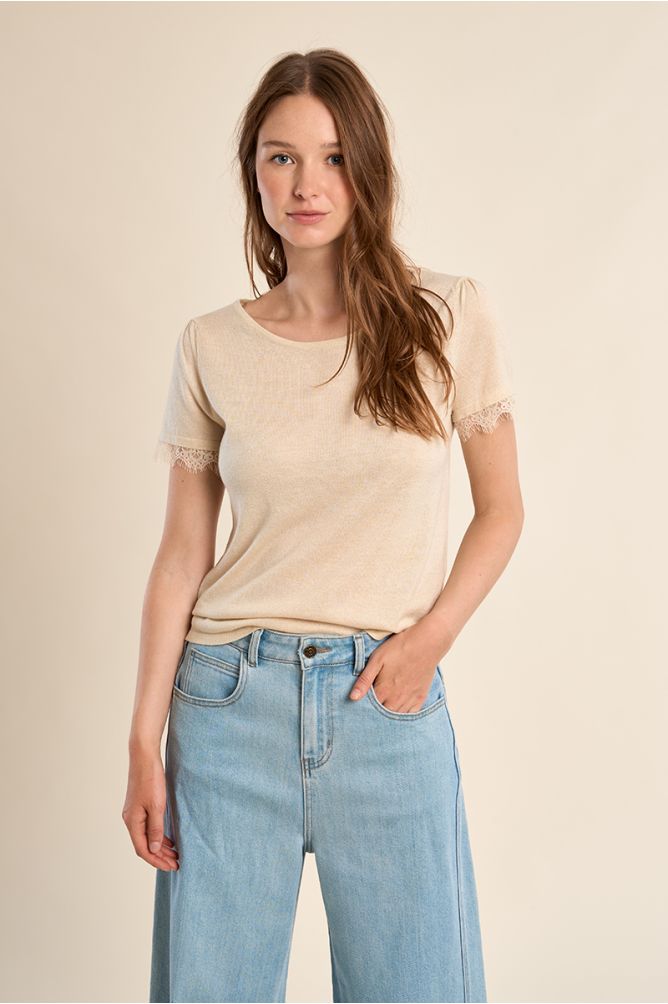 T-shirt en jersey, manches en dentelle