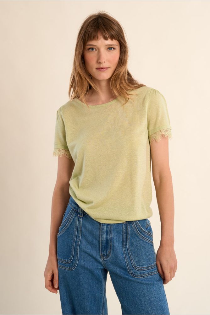 T-shirt en jersey, manches en dentelle