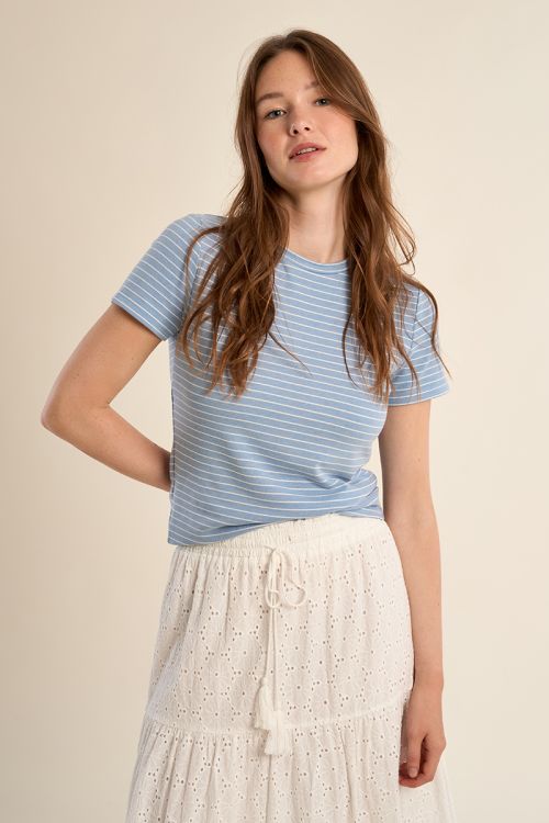 Camiseta de mujer de manga corta, estampado rayas.