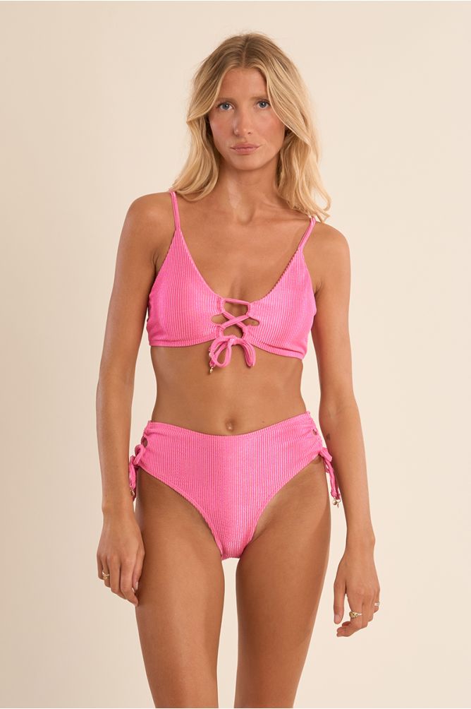 Haut de maillot de bain à lacets, côtelé