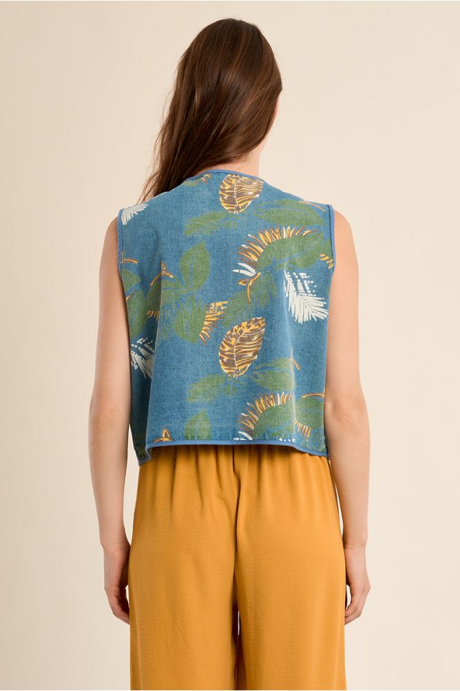 Chaleco de mujer corto, con estampado y lazada.