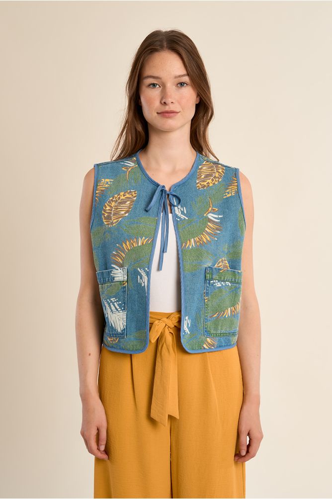 Chaleco de mujer corto, con estampado y lazada.