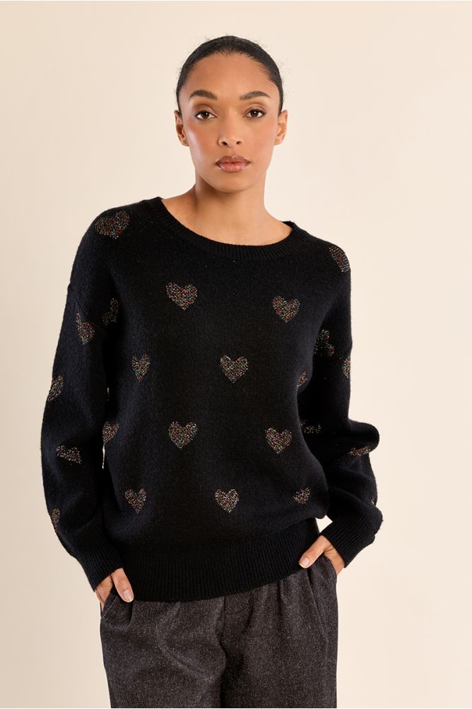 Pull en maille, cœurs pailletés