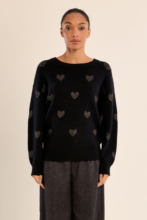 Pull en maille, cœurs pailletés