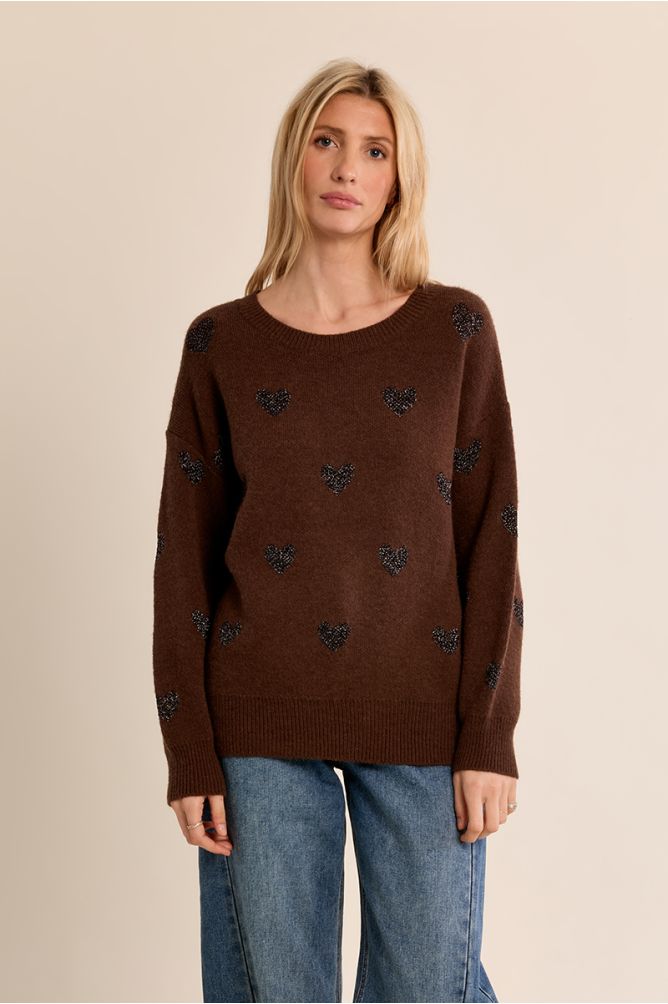 Pull en maille, cœurs pailletés