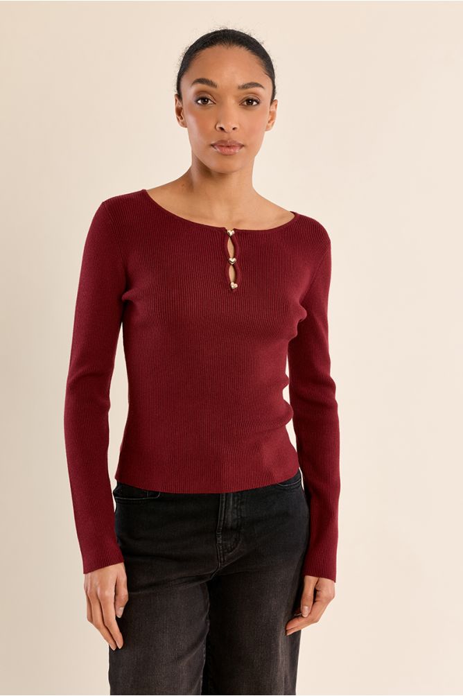 Pull fin côtelé, boutons fantaisie