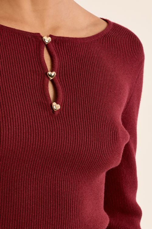 Pull fin côtelé, boutons fantaisie