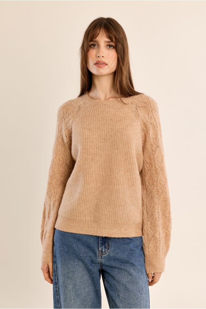 Knitted sweater with openwork sleeves