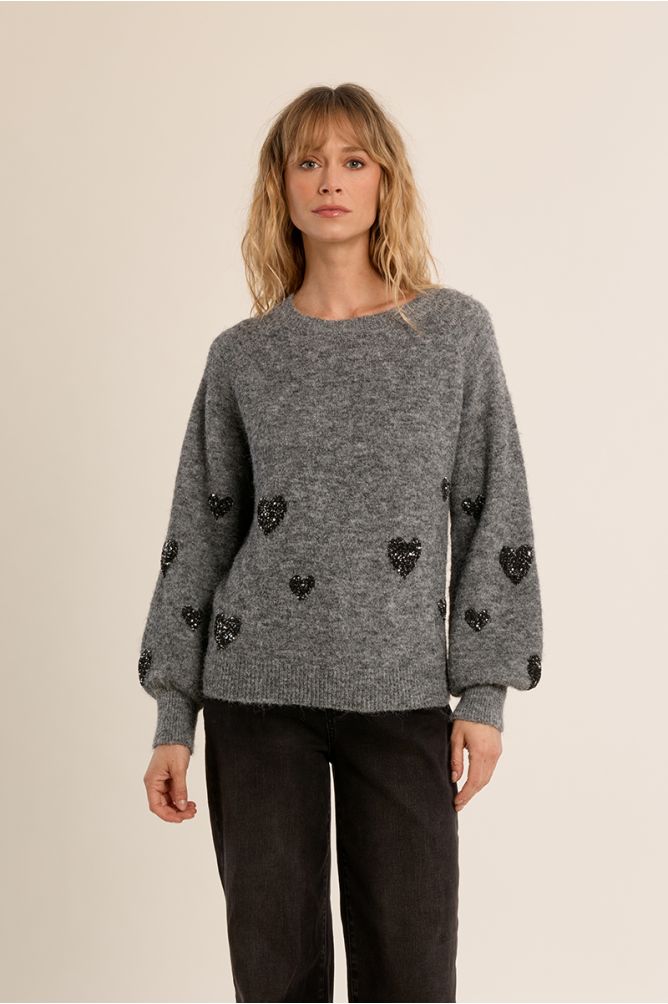 Balloon sleeve sweater, heart pattern