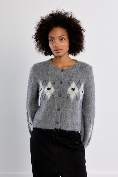 Plaid and heart cardigan, brushed effect