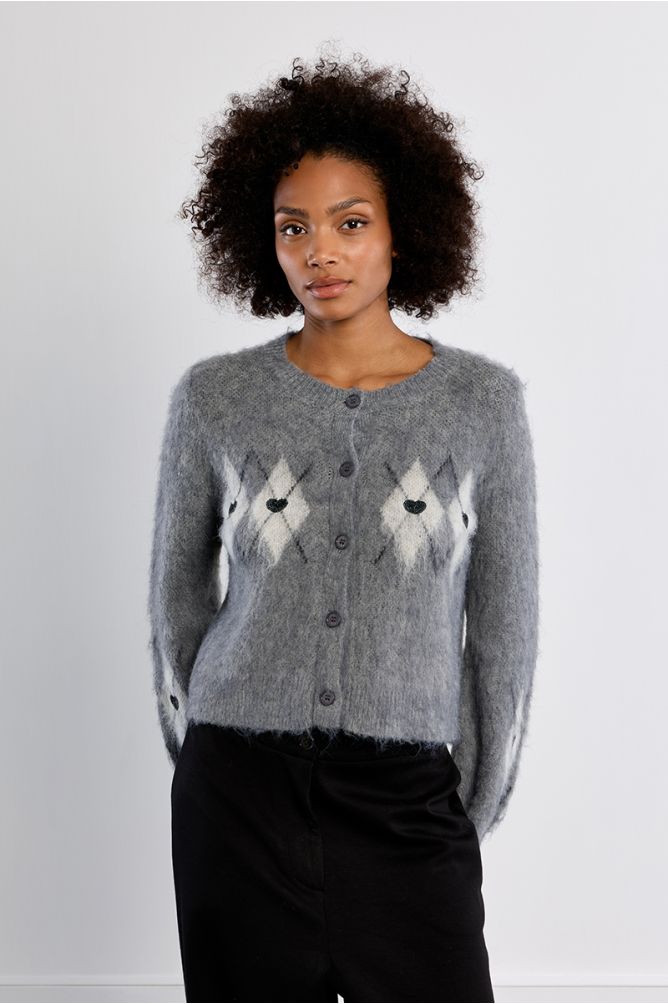Cardigan à carreaux et cœurs, effet brossé