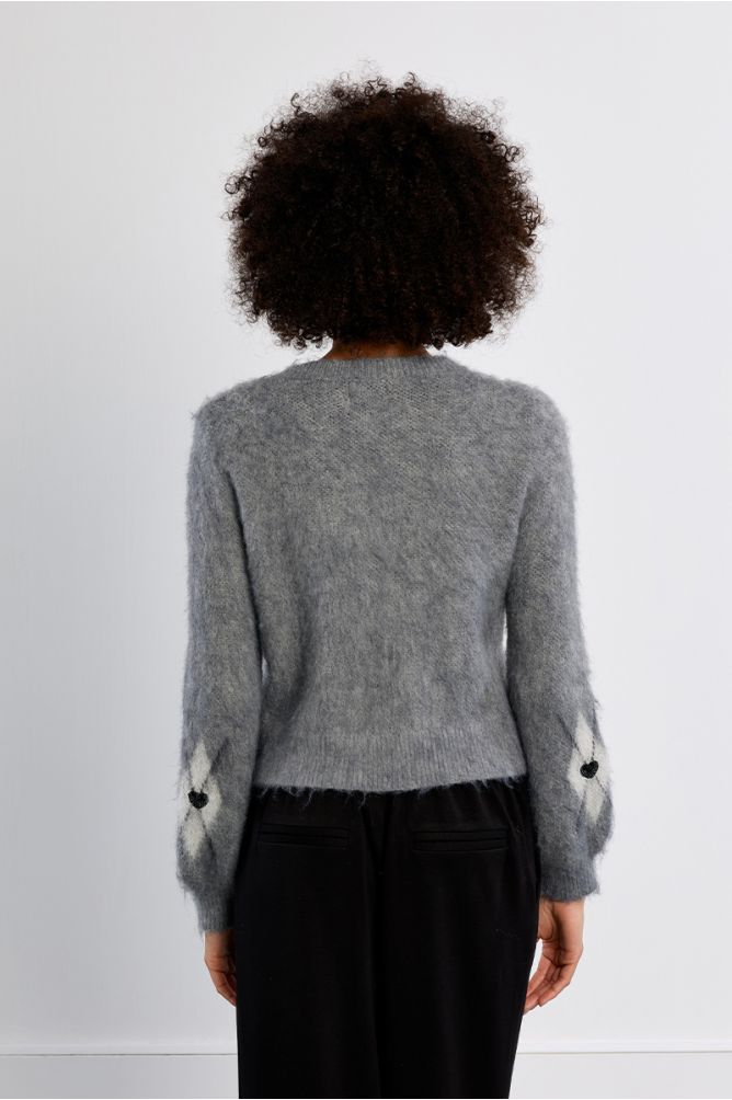 Cardigan à carreaux et cœurs, effet brossé