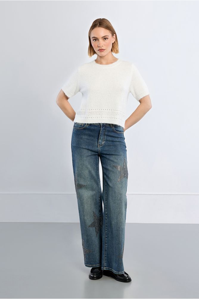 Short-sleeved knitted sweater, plain
