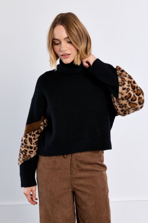 Bi-material sweater, leopard