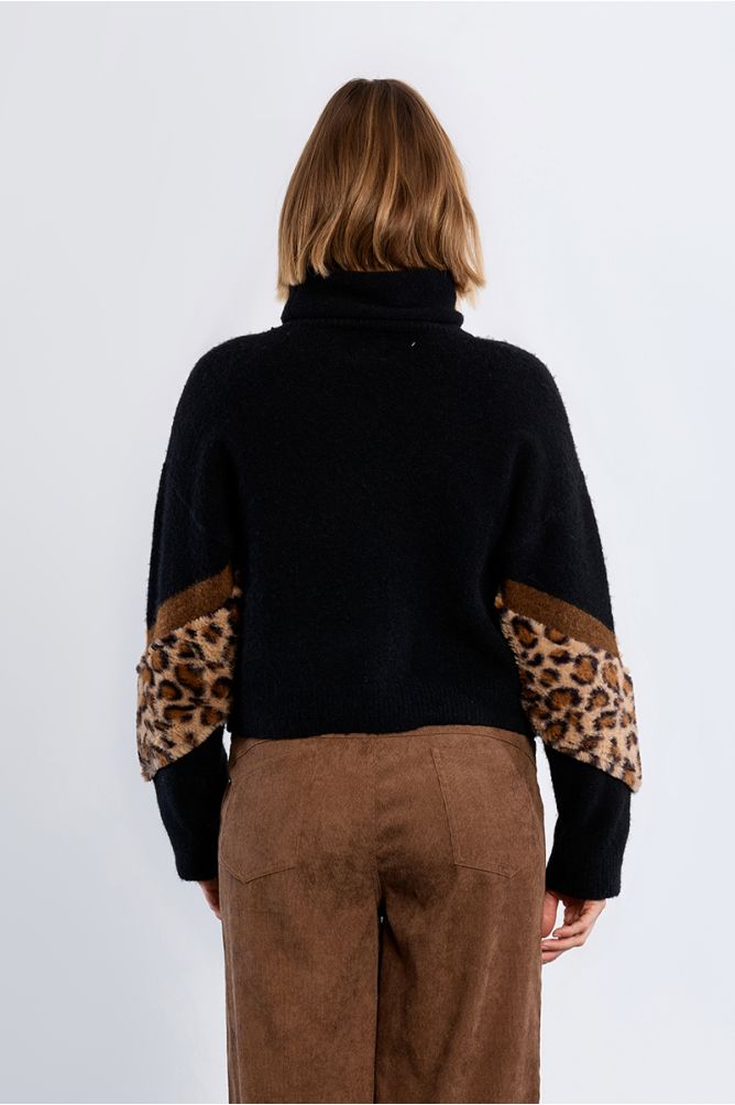 Bi-material sweater, leopard