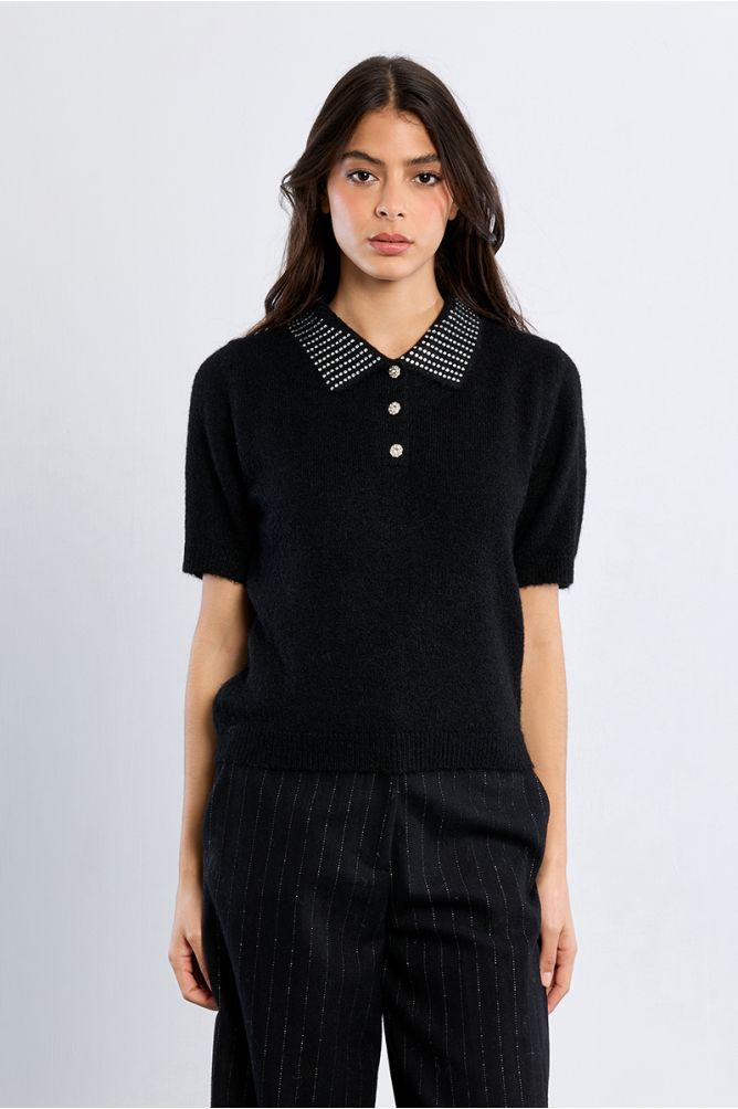 Knitted polo shirt, rhinestone