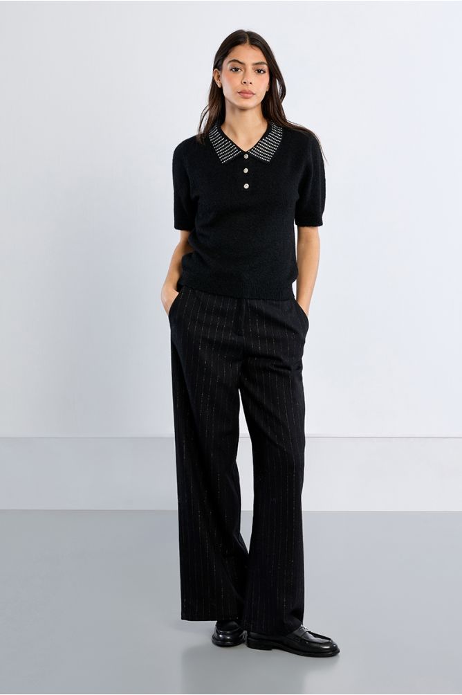 Knitted polo shirt, rhinestone