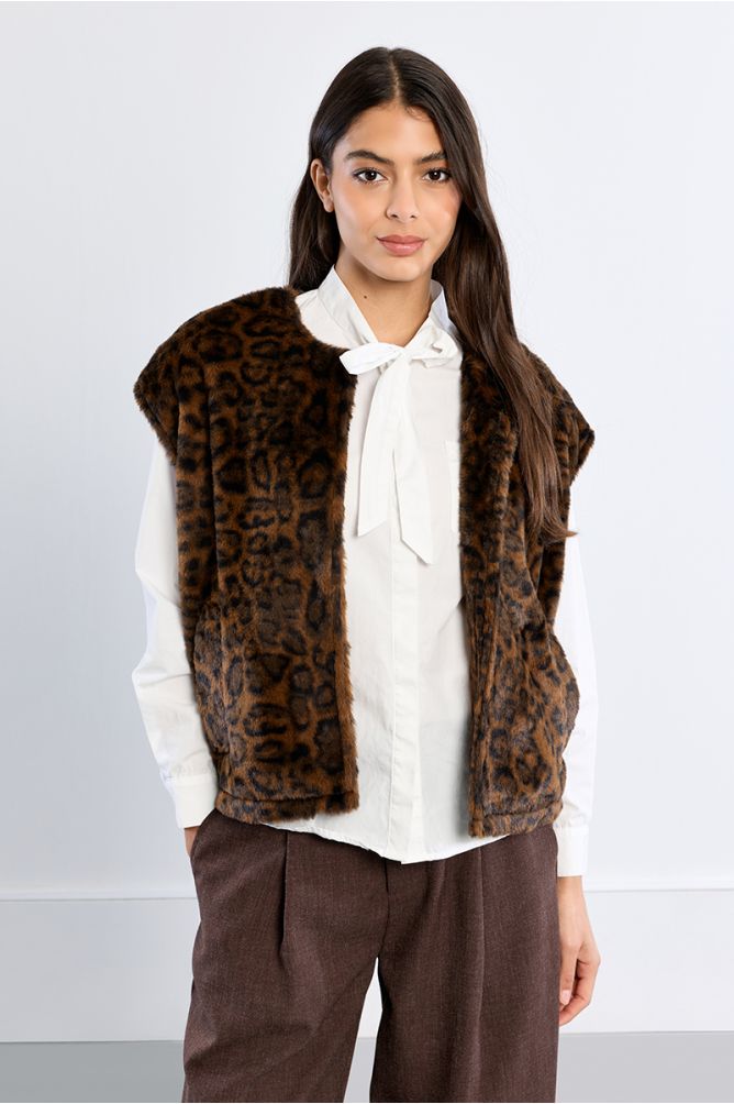 Veste sans manches en fausse fourrure, léopard