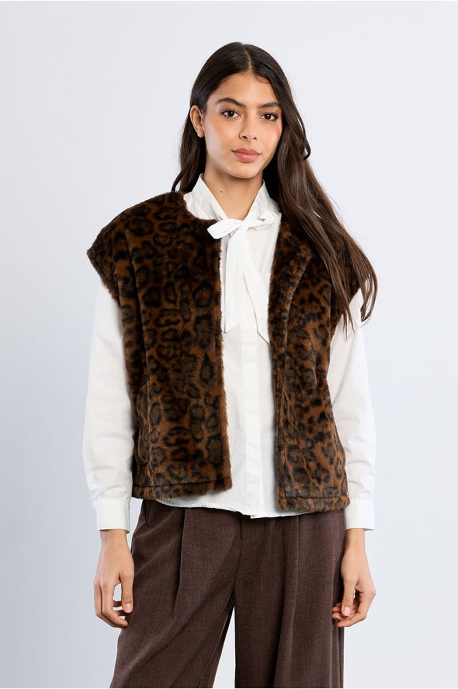 Veste sans manches en fausse fourrure, léopard