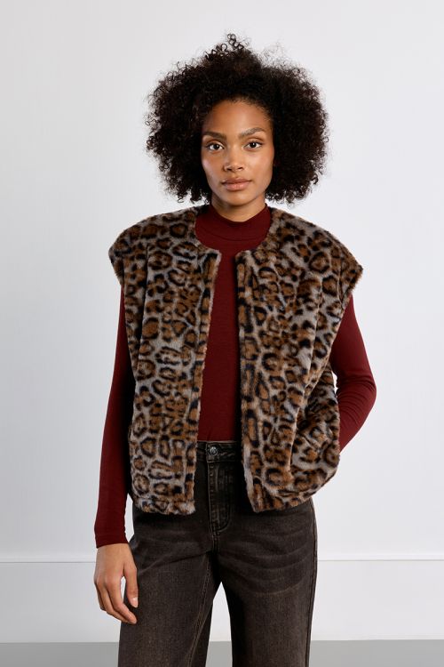 Veste sans manches en fausse fourrure, léopard
