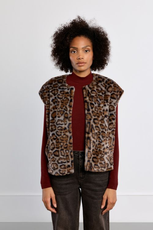 Sleeveless faux fur jacket, leopard
