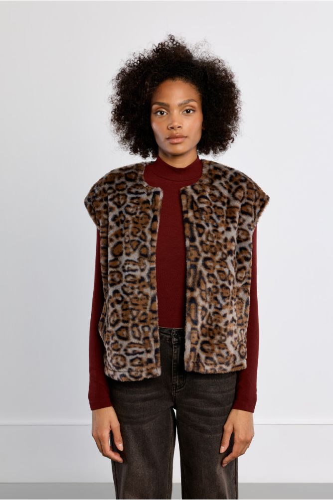 Veste sans manches en fausse fourrure, léopard