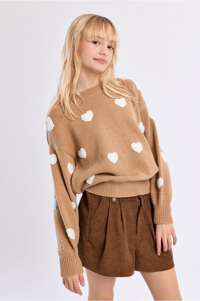 Knitted sweater, textured heart pattern