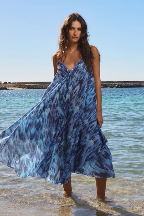 Long, flowing cotton dress, printed